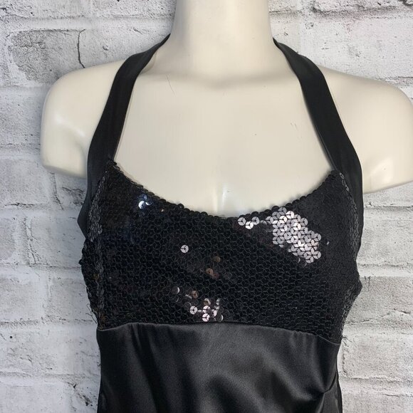 Vintage 90s Y2K B. Smart Black Satin Sparkle Ruched Halter Dress - Picture 2 of 14